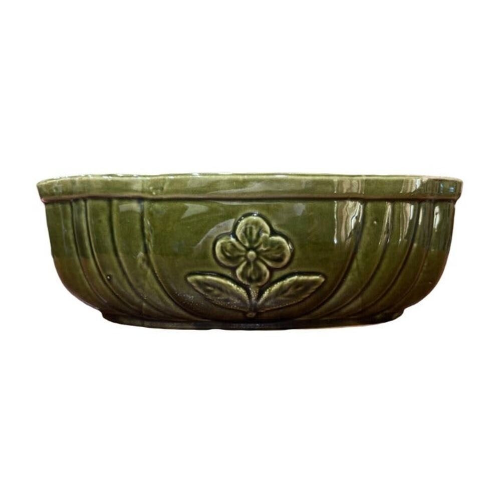 Vintage Cookson 861 USA Mid-Century Dark Olive Green Floral Planter Bowl Dish